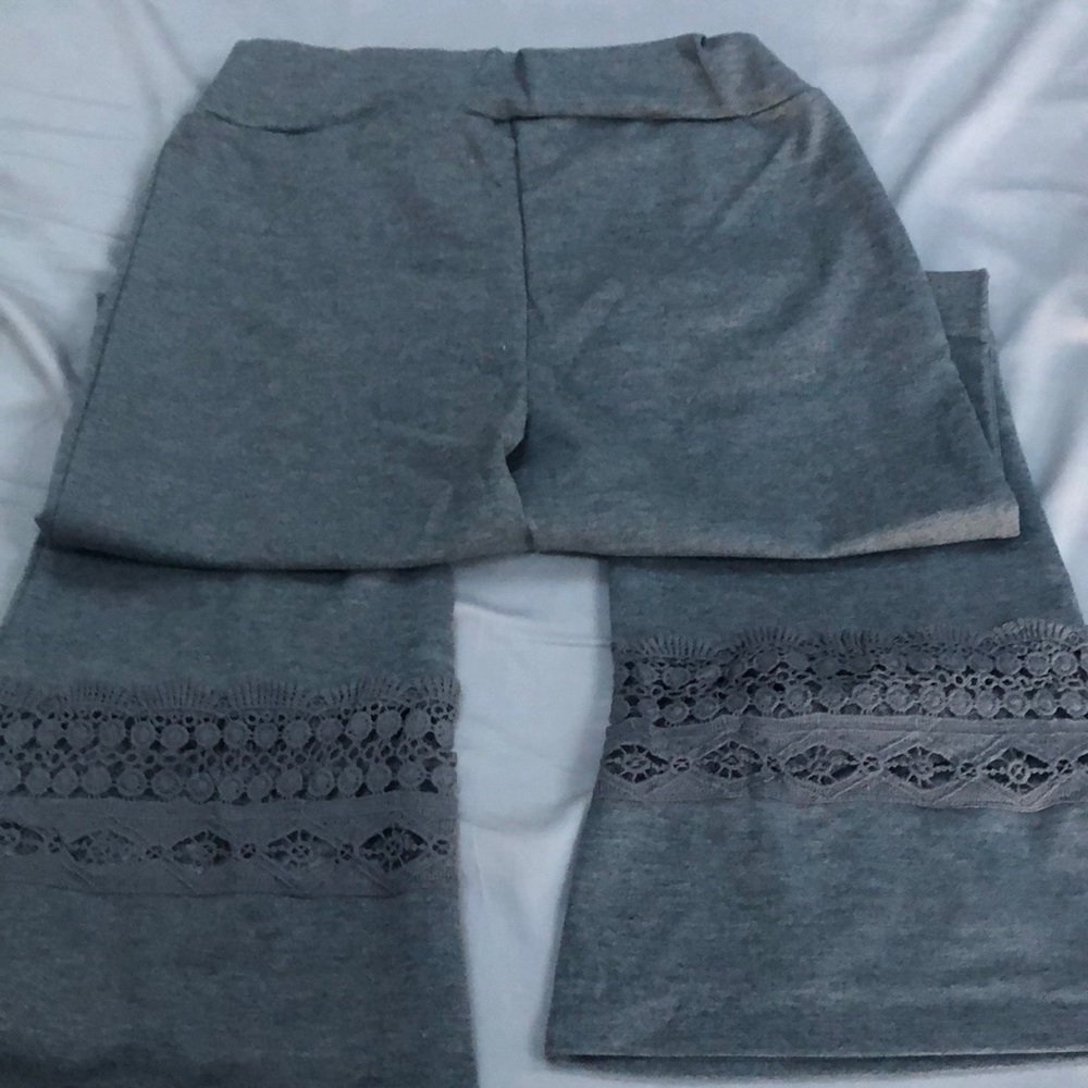 Bell bottom lounge pants, comes in light and charcoal gray.